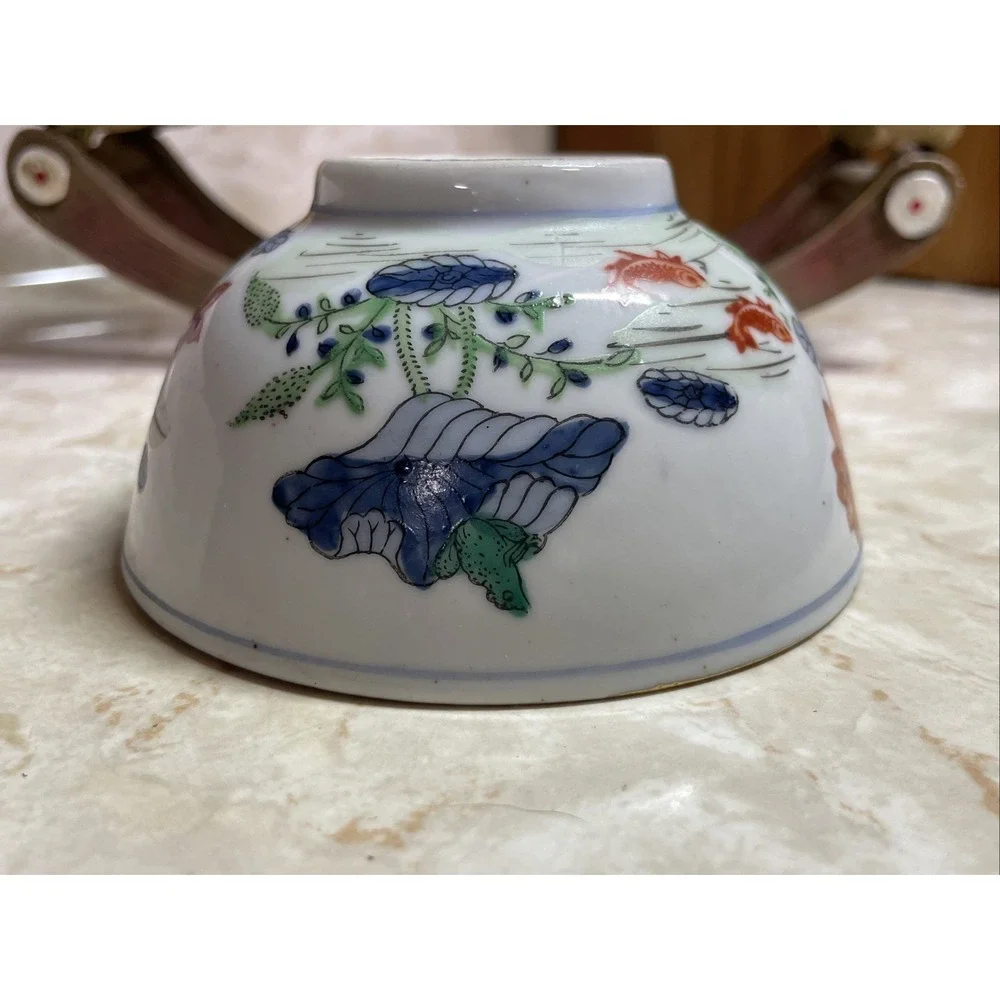 Vintage Chinese Koi Fish Ceramic Bowl - Fish Pond w/ Orange‎ Blue Flowers